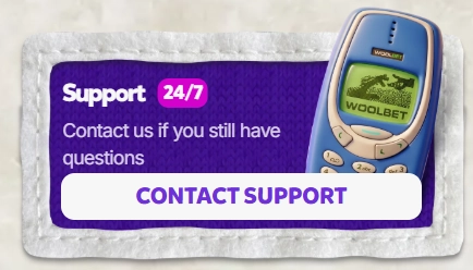 WoolBet Casino customer support section with 24/7 availability and Contact Support button