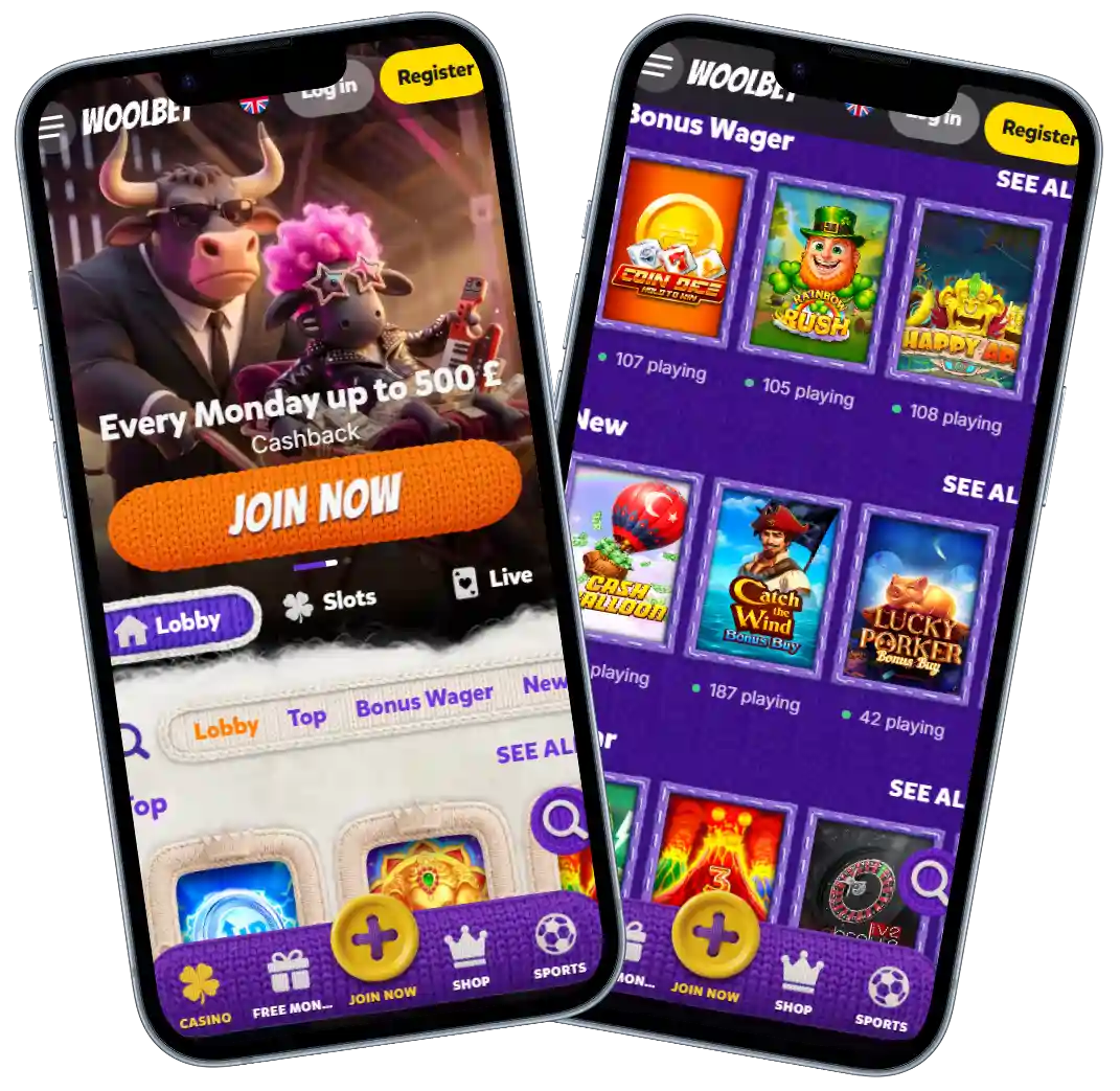 WoolBet Casino mobile version showing cashback promotions, slot games, Bonus Wager section and navigation menus